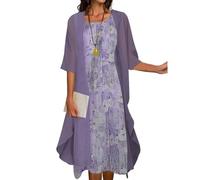 Two-Piece Set Maxi Dress for Womens Flowy Chiffon Cardigan Wedding Guest Floral Print Midi Dresses with Lace Jacket, Light Purple, Large