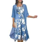 Two-Piece Set Maxi Dress for Womens Flowy Chiffon Cardigan Wedding Guest Floral Print Midi Dresses with Lace Jacket, Floral Blue, Large