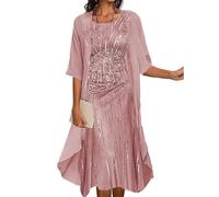 Two-Piece Set Maxi Dress for Womens Flowy Chiffon Cardigan Wedding Guest Floral Print Midi Dresses with Lace Jacket, Pink, L