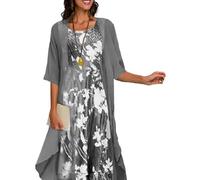 Two-Piece Set Maxi Dress for Womens Flowy Chiffon Cardigan Wedding Guest Floral Print Midi Dresses with Lace Jacket, Floral Grey, 3XL
