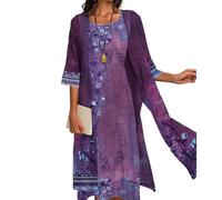 Two-Piece Set Maxi Dress for Womens Flowy Chiffon Cardigan Wedding Guest Floral Print Midi Dresses with Lace Jacket, Boho*dark Purple, Large