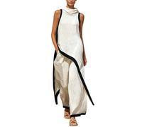Two-Piece Set Women's Sleeveless Hooded Tunic Top Trousers Fashionable Leisure Suit Elegant Leisure Suit Breathable Summer Suit with Asymmetrical Hem and Contrasting Piping, O White, XXL