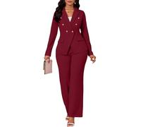 Two Piece Sets for Women Blazer Double Breasted Long Sleeve Jacket Wide Leg Pants Suits Set Business Casual Outfits, Wine Red, XXL
