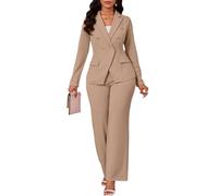 Two Piece Sets for Women Blazer Double Breasted Long Sleeve Jacket Wide Leg Pants Suits Set Business Casual Outfits, Khaki, XXL