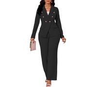 Two Piece Sets for Women Blazer Double Breasted Long Sleeve Jacket Wide Leg Pants Suits Set Business Casual Outfits, Black, XXL