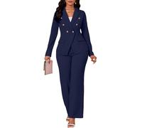 Two Piece Sets for Women Blazer Double Breasted Long Sleeve Jacket Wide Leg Pants Suits Set Business Casual Outfits, Navy Blue, XXL