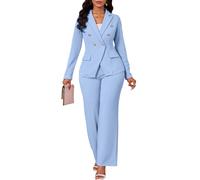 Two Piece Sets for Women Blazer Double Breasted Long Sleeve Jacket Wide Leg Pants Suits Set Business Casual Outfits, Sky Blue, Large
