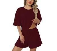 Two Piece Sets for Women Casual, Shorts and Top Set Women Going Out, Round Neck Half Sleeve Shirts High Wasit Shorts Loose Fit Gym and Yoga Comfortable Activewear Trendy Streetwear Wine