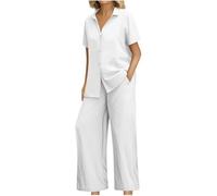 Two Piece Sets for Women Casual Travel, Full Sets V Neck Short Sleeve Laple Shirt Wide Leg Full Length Trousers with Pockets Co Ord Suits Comfortable Lounge Wear Suit Summer Pjs for Women White
