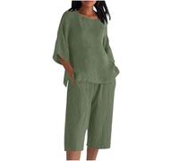 Two Piece Sets For Women Cotton Linen Outfits Crew Neck 3/4 Batwing Sleeve Tops Elasticated Waist Cropped Trousers Lightweight Breathable Casual Set For Daily Wear Army Green XXL