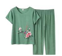 Two Piece Sets For Women Plus Size, Cotton Linen Womens Suits Round Neck Short Sleeve Shirts Printed Loose Fit Shirts Wide Leg Full Length Trousers Elasticated Waist Trousers Lounge Wear Suits