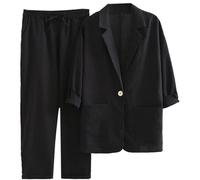 Two Piece Sets for Women Plus Size, Womens Blazer Jacket 3/4 Sleeve Drawstring Elasticated Waist Trousers Wide Straight Leg Pants Co Ord Sets for Women UK Airport Outfits for Office Work Beach Black
