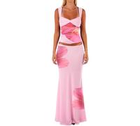 Two Piece Sets For Women Sleeveless Cami Crop Top High Waist Bodycon Long Skirt 2 Piece Summer Y2K Vacation Set (Mixed Color, M)