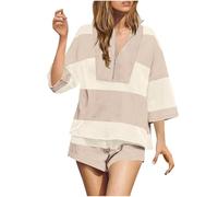 Two Piece Sets for Women Summer Outfits Womens Striped Workout Set 2 Piece Outfits Tracksuit Half Zip Short Sleeve T Shirts Top and Wide Leg Shorts Oversized Lounge Set
