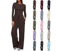 Two Piece Sets for Women Tracksuit Full Set Fashionable Long Sleeve Tops Drawstring Elasticized Waist Wide Leg Trousers Casual Lounge Wear Co Ord Sets Matching Activewear Gym Set