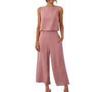 Two Piece Sets Women Tracksuit Set Summer Clothes Sleeveless Crop Tank Top Wide Leg Pant Suits Co Ord Cotton Linen Sweatsuits Casual Back Button Loungewear Summer Activewear Womens Lounge Wear Sets