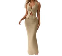 Two Piece Skirt Outfits for Women Twist Halter Crop Top and Maxi Skirt Sets 2 Piece Summer Vacation Set