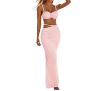 Two-Piece Skirt Set for Women, Elegant Beach Sophistication with Ruffled Backless Top, Going-Out Skirt, Not Summer Evening Dress, Versatile Everyday Clothing, red, S