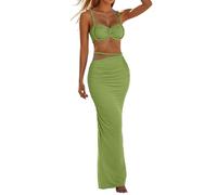 Two-Piece Skirt Set for Women, Elegant Beach Sophistication with Ruffled Backless Top, Going-Out Skirt, Not Summer Evening Dress, Versatile Everyday Clothing, Green, S