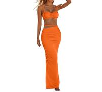 Two-Piece Skirt Set for Women, Elegant Beach Sophistication with Ruffled Backless Top, Going-Out Skirt, Not Summer Evening Dress, Versatile Everyday Clothing, orange, L