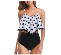Two Piece Swimsuit Women High Waisted Bikini Set Flounce Frill Top with Tummy Control Printed Ruched Bottoms Swimwear Bathing Suits Silver