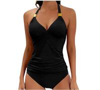 Two Piece Swimsuits for Women UK Clearance Tummy Control Swimming Costome Sexy Ruched Swimwear High Waist Bottom Halterneck Top Tankini Sets Vintage Plain V Neck Bathing Suit Sale Black