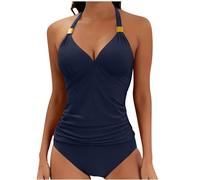 Two Piece Swimsuits for Women UK Clearance Tummy Control Swimming Costome Sexy Ruched Swimwear High Waist Bottom Halterneck Top Tankini Sets Vintage Plain V Neck Bathing Suit Sale Navy