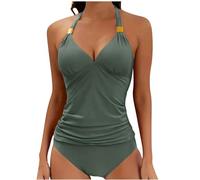 Two Piece Swimsuits for Women UK Clearance Tummy Control Swimming Costome Sexy Ruched Swimwear High Waist Bottom Halterneck Top Tankini Sets Vintage Plain V Neck Bathing Suit Sale Army Green