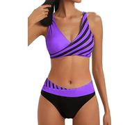 Two Piece Swimsuits Top for Older Women Ladies UK Bikini Sets Tummy Control High Waisted Bottoms Push Up Swimwear Cross Front Bathing Suits Beachwear Thong Bikini Set A42 Purple XXL