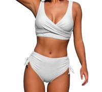 Two Piece Swimwear for Women UK Solid Color Cross Warp Front Bikini High Waisted Bikini Bottom Tummy Control Bathing Suits White