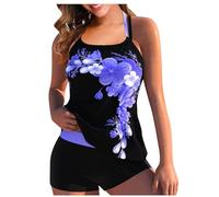 Two Piece Tankini Set Women UK Sale Clearance, Ladies Floral Printed Swimming Costume Tummy Control Swimsuit, Halter Round Neck Swimwear with Boyshorts Modest Bathing Suit Hawaiian Beachwear Pius Size