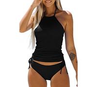 Two Piece Tankini Swimsuit for Women High Neck Tankini Top with Bikini Bottom Tummy Control Bathing Suits (Black, M)