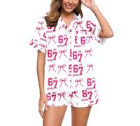 Two-Piece Women's 67 Bow Print Pyjamas Short Sleeve Button Down Shirt Shorts 2-Piece Lightweight Loose Comfortable Pyjama Set Sleepwear Loungewear Homewear Nightwear Leisure Suit, Hot pink, XXL
