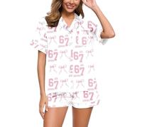 Two-Piece Women's 67 Bow Print Pyjamas Short Sleeve Button Down Shirt Shorts 2-Piece Lightweight Loose Comfortable Pyjama Set Sleepwear Loungewear Homewear Nightwear Leisure Suit, White, S