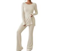 Two-piece Women's Long-sleeved Knitted Flared Trousers with Top Set 2-piece Knitted Suit Leisure Yoga Tracksuit Lounge Loungewear Set Knitted Suit Autumn Y2K 90s Streetwear(Beige,S)