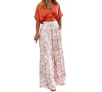 Two-Piece Women's Pleated 2-Piece Trousers Outfits Casual Loose Button Shirt Blouse Top Long Wide Leg Palazzo Trousers Set Jumpsuit, orange, M