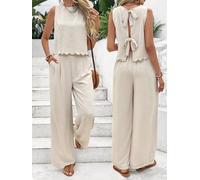 Two Piece Women's Summer Outfits Set Casual Sleeveless Scallop Trim Crop Top Tie Back Open Back High Waisted Wide Leg Pants