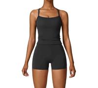 Two Pieces Women's Solid Backless Tracksuit Set, Spaghetti Strap Cami Top & High Waist Skinny Shorts,Two Womens Set (Black,M)