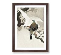Two Pigeons on a Branch by Ohara Koson Framed Print | A2 Walnut Framed Wall Art | Ready to Hang | Modern Animal Picture | Living Room Bedroom Lounge Office