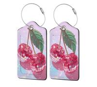 Two Pink Cherries with Green Leaves Luggage Tag for Suitcase 2 Pack Leather Luggage Tag with Privacy Flap Name Id Label and Metal Loop for Women Men Travel