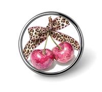 Two Pink Cherries with Leopard Ribbon Bow Round Brooch for Men Women Fashion Badge Collar Pin Dress Jacket Backpack Accessories