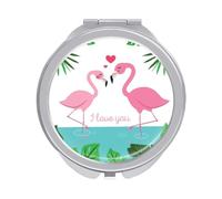 Two Pink Flamingo Love Palm Trees Folding Make Up Mirror, Compact 2X/1X Magnification Mirror, Women Portable Travel Makeup Mirror 2.4 x 2.4 inch