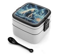 Two Polar Bears Bento Box with Spoon & Handle - 2 Compartment Leak-Proof Stackable Lunch Box for Adults, BPA-Free Reusable Food Containers for Work, Travel, Picnic