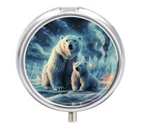 Two Polar Bears Round Pill Box for Home, 3 Compartment Pill Case | Waterproof Pill Holder with Mirror, Dustproof Mini Medicine Box for Outdoor, Portable Fish Oil Storage Box for Travel