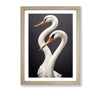 Two Pretty Swans Framed Print | A4 Oak Framed Wall Art | Ready to Hang | Modern Animal Picture | Living Room Bedroom Lounge Office