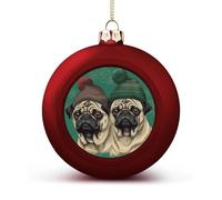 Two Pugs Wearing Hats Christmas Ball Ornaments - Red Shatterproof Plastic Vintage Rustic Xmas Tree Decorations Pendant for Family Holiday Wedding Party Xmas Hanging Decoration