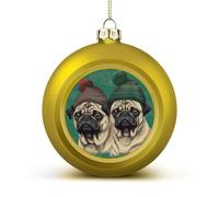 Two Pugs Wearing Hats Christmas Ball Ornaments - Shatterproof Plastic Vintage Rustic Xmas Tree Decorations Pendant for Family Holiday Wedding Party Xmas Hanging Decoration