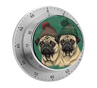 Two Pugs Wearing Hats Kitchen Timer 60 Minute Visual Wind Up Timers Indoor Mechanical Timers with Magnetic Base Stainless Steel Timer for Home Cooking Time Management Tool