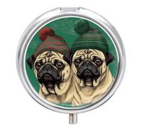 Two Pugs Wearing Hats Pill Box 3-Compartment Travel Pill Organizer Portable Round Medicine Case with Mirror Design for Vitamins, Jewelry & Essentials Durable Pocket Pillbox for Purse, Camping