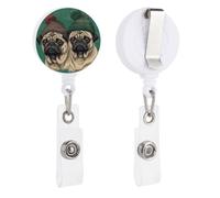 Two Pugs Wearing Hats Retractable Badge Reel - Personalized ID Name Badge Holder with Lanyard Cute Badges Reel Holder Round Nurse Doctor Name Tag Badges Clip for Work